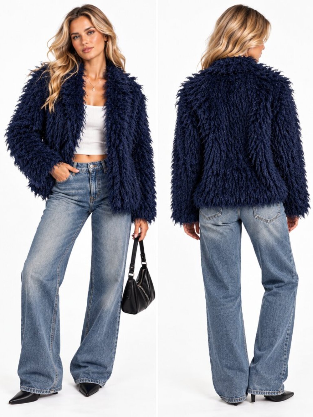 GUESS Los Angeles Shaggy Faux Fur Jacket Women's S Black Y2K Mob Wife Chic